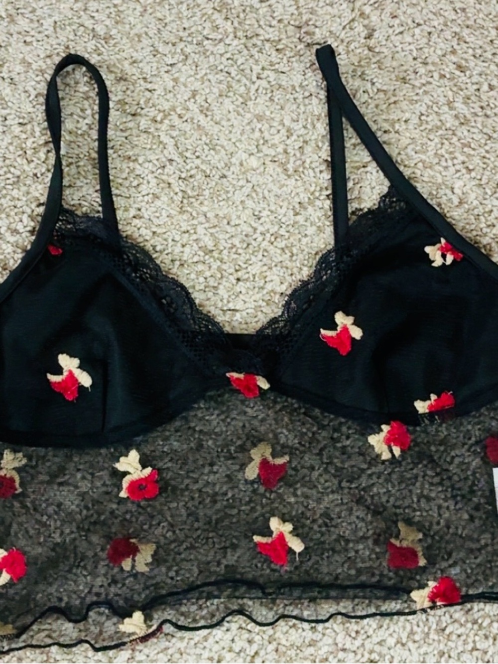 Women's Black Sheer Floral Embroidered Bralette - Unbranded